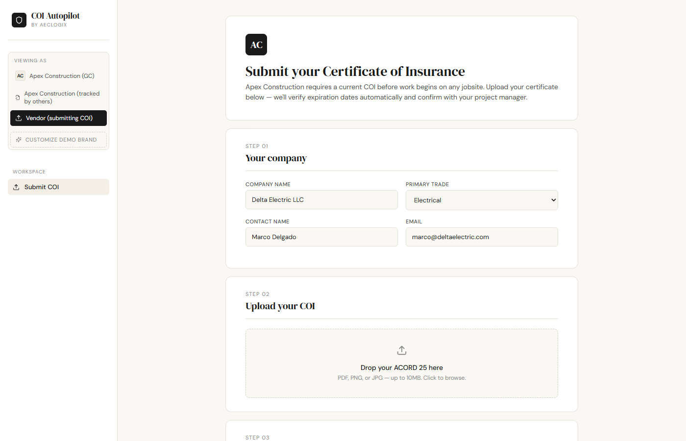 Branded vendor intake form where subcontractors upload their Certificate of Insurance